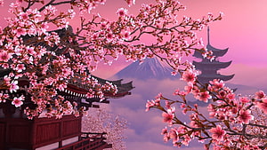 Cherry Blossoms Framing Mount Fuji and Traditional Japanese Pagoda HD wallpaper