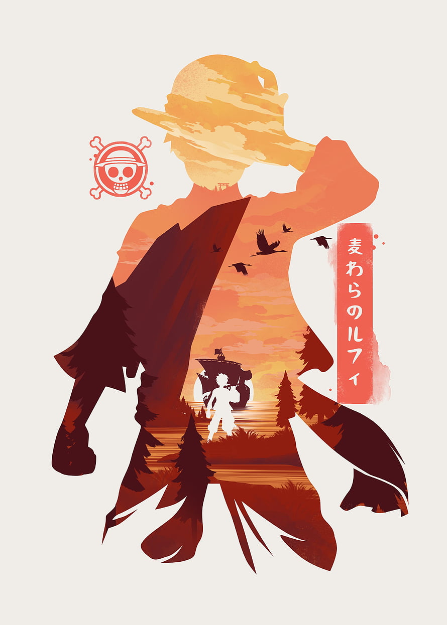 One Piece Monkey D. Luffy Silhouette Artwork with Thousand Sunny Ship and Sunset Landscape HD phone wallpaper