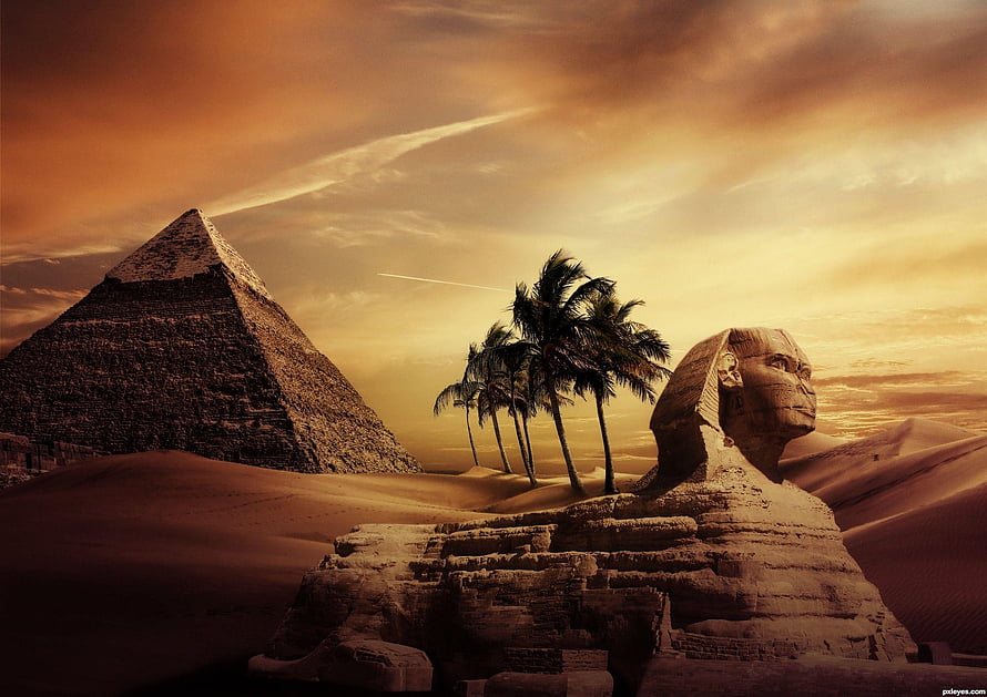 Giza Pyramids and Sphinx at Golden Sunset with Palm Trees in the Desert HD wallpaper