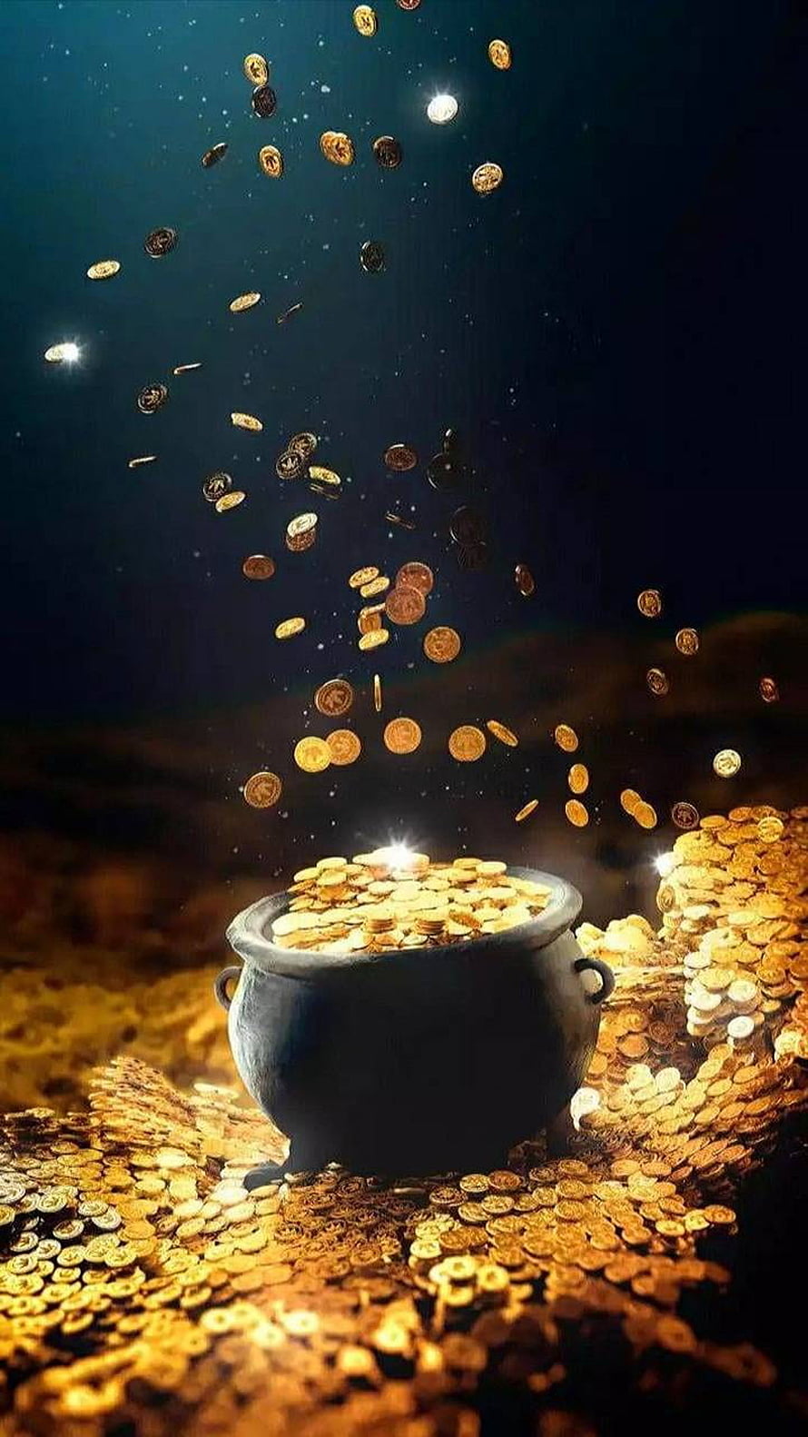 Magical Pot Overflowing with Flying Gold Coins in a Dark Fantasy Setting HD phone wallpaper