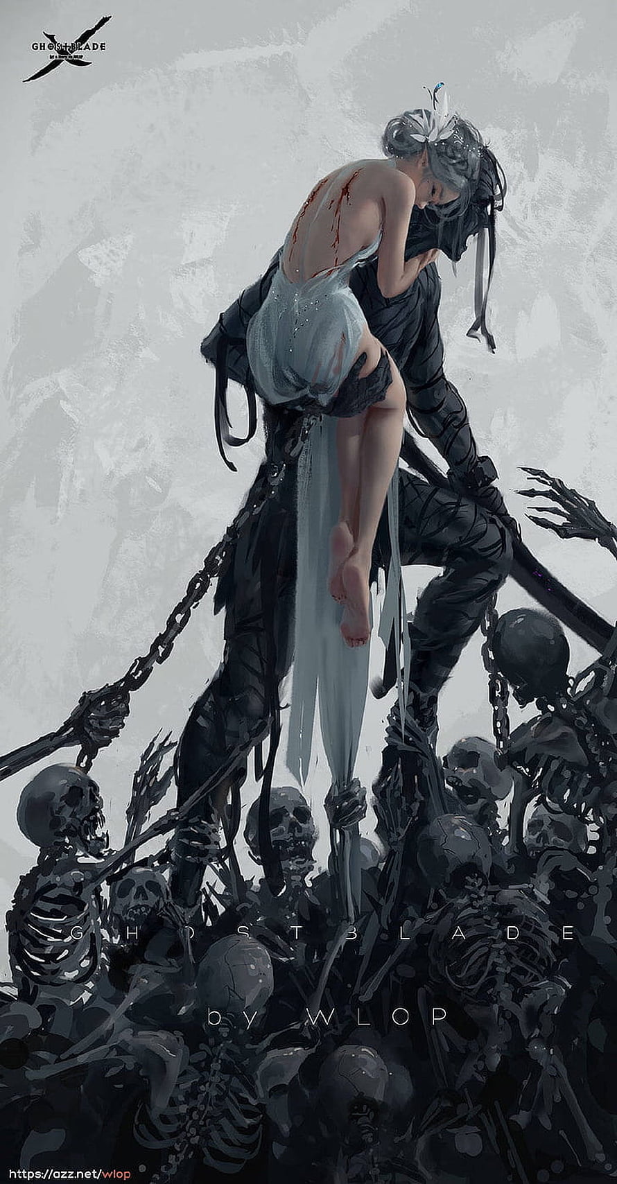 Ghost Blade by WLOP: Dark Fantasy Illustration of a Knight Carrying an Injured Woman Above a Skeleton Army, : WLOP, anime girls, Ghost Blade, ghost women HD phone wallpaper
