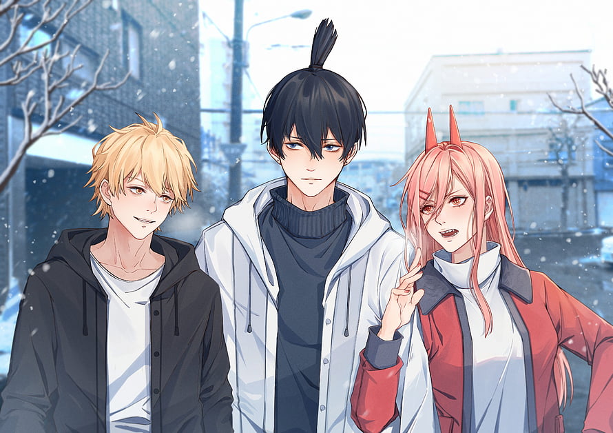 Denji, Aki Hayakawa, and Power from Chainsaw Man in a snowy urban street scene, Denji, Aki Hayakawa and Power, aki chainsaw man HD wallpaper