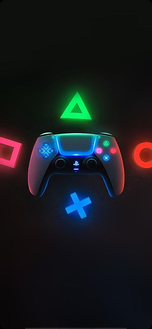 Neon Glowing PlayStation 5 DualSense Controller with Triangle Circle Cross Square Symbols HD phone wallpaper