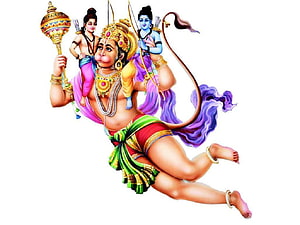 Flying Hanuman with Gada and Two Figures on Shoulders in Vibrant Indian Art Style, flying hanuman png, cartoon hanuman HD wallpaper