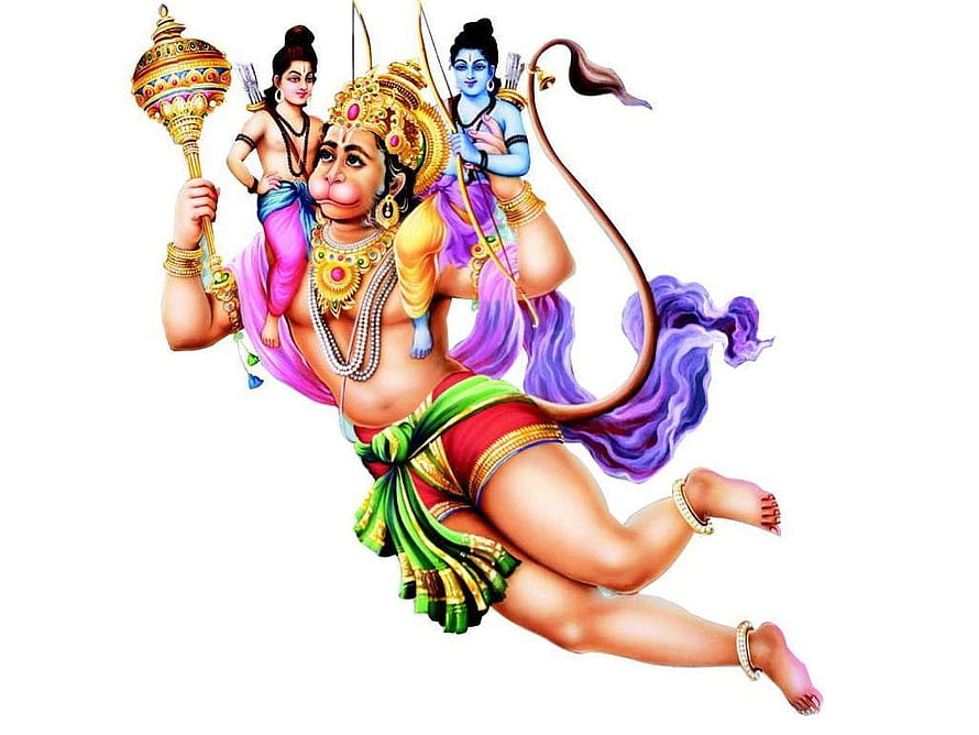 Flying Hanuman with Gada and Two Figures on Shoulders in Vibrant Indian Art Style, flying hanuman png, cartoon hanuman HD wallpaper
