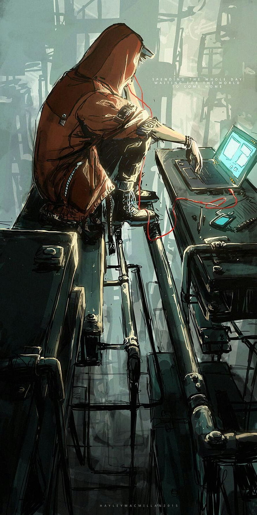 Hayley MacMillan Cyberpunk Hooded Hacker Sitting on Pipes with Laptop HD phone wallpaper