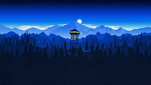 Firewatch Night Scene: Illuminated Tower in Rainy Pine Forest with Moonlit Mountains HD wallpaper