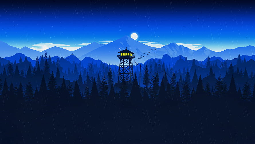 Firewatch Night Scene: Illuminated Tower in Rainy Pine Forest with Moonlit Mountains HD wallpaper