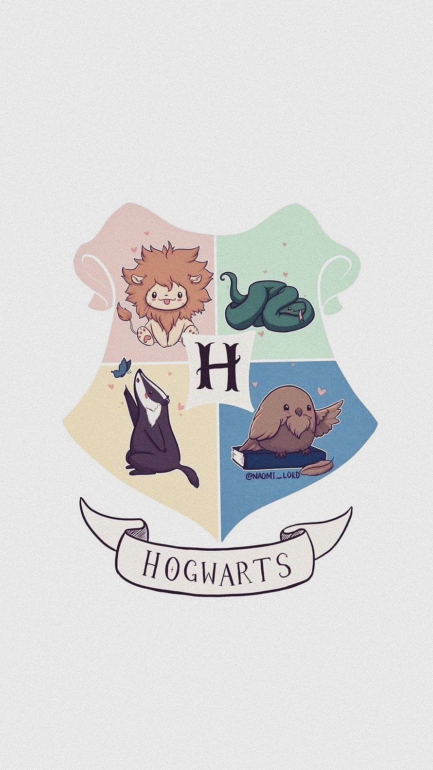 Cute Kawaii Hogwarts Crest with Chibi House Animals and Pastel Colors HD phone wallpaper