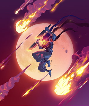 Dead Cells Warrior Leaping Through Meteor Storm Against Giant Moon HD phone wallpaper