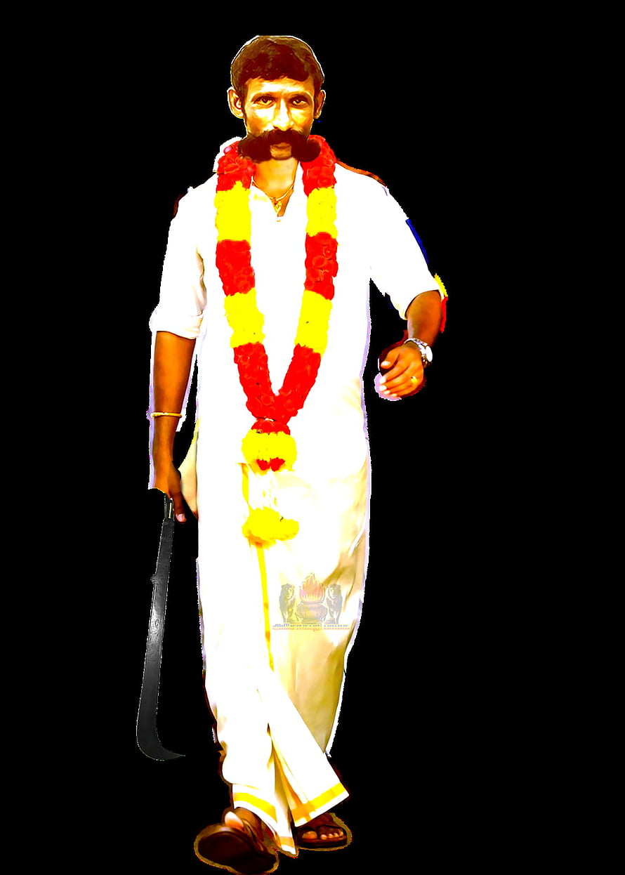 Veerappan in traditional white attire with floral garland and curved blade HD phone wallpaper