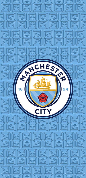Manchester City Official Club Crest on Light Blue Geometric Pattern Background HD phone wallpaper