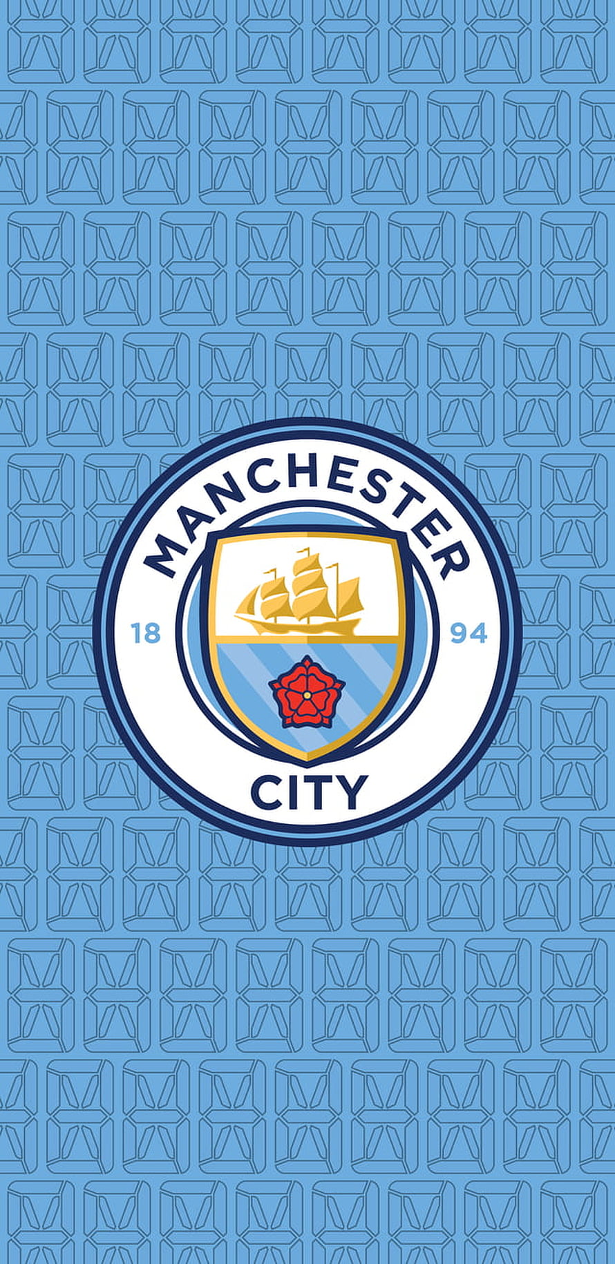 Manchester City Official Club Crest on Light Blue Geometric Pattern Background HD phone wallpaper