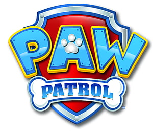 Paw Patrol Official Shield Logo with Blue Lettering and Red Background HD wallpaper