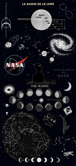 NASA Space Aesthetic Collage with Moon Phases, Planets, and Celestial Diagrams HD phone wallpaper