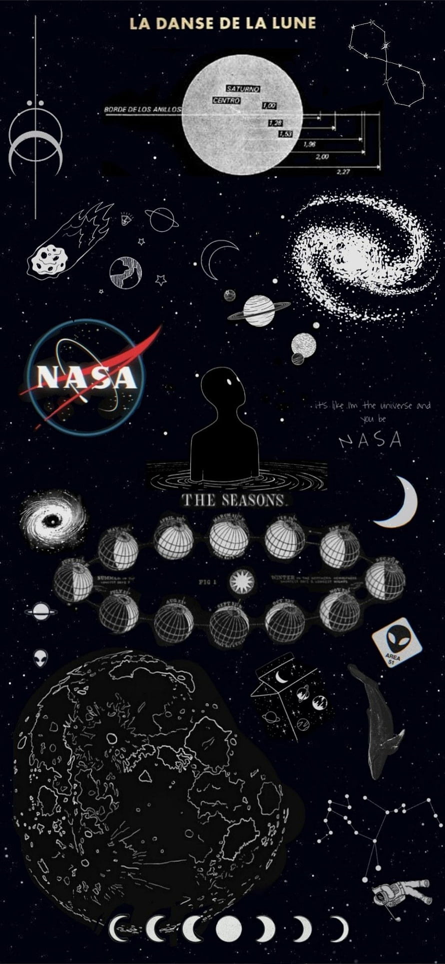 NASA Space Aesthetic Collage with Moon Phases, Planets, and Celestial Diagrams HD phone wallpaper
