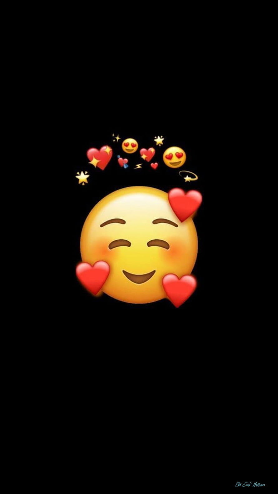 Smiling Emoji Face With Floating Hearts And Sparkles On Black Background HD phone wallpaper
