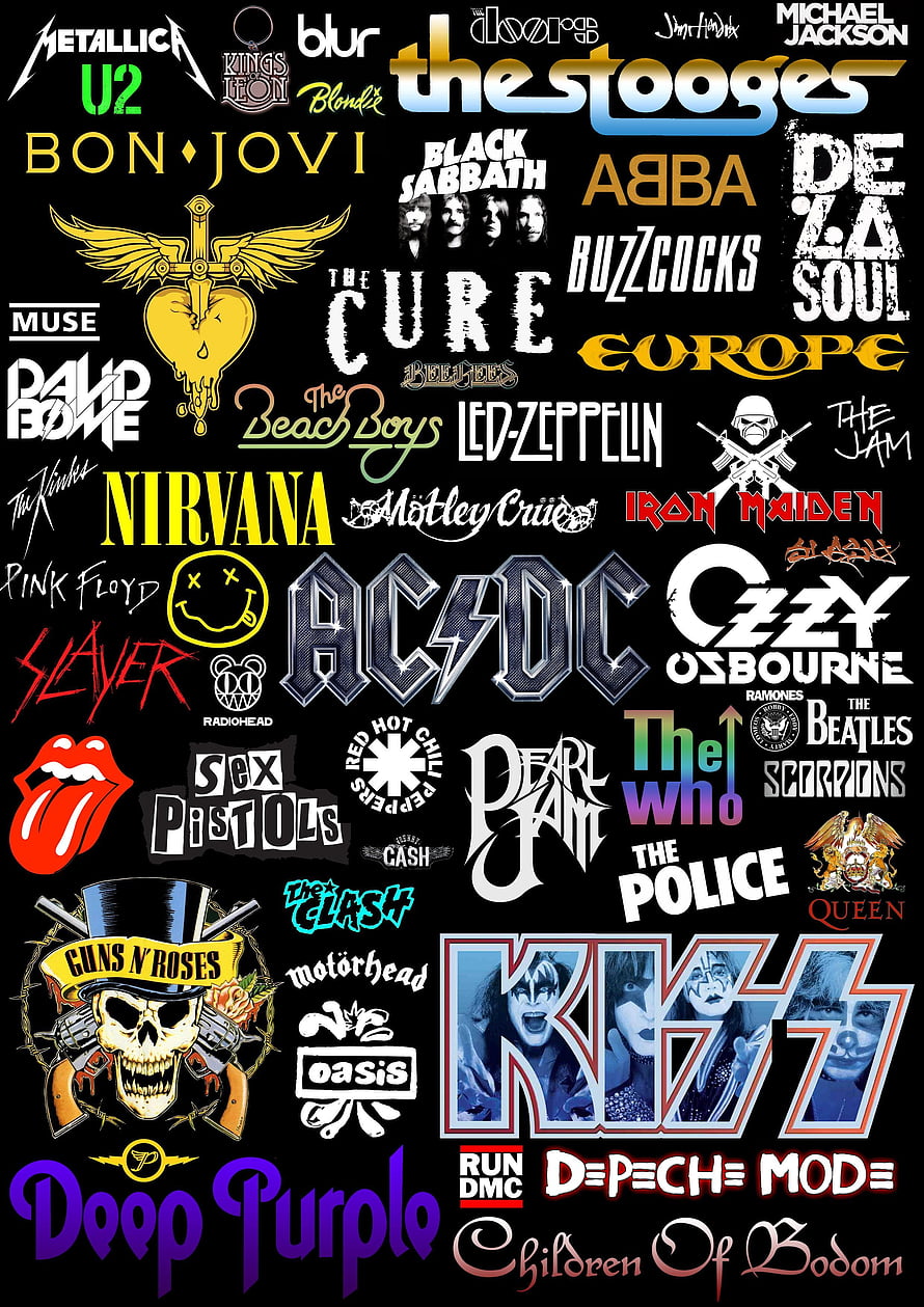 Classic Rock and Metal Band Logos Collage Wallpaper HD phone wallpaper