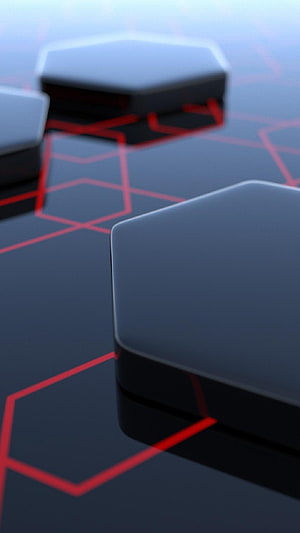 Abstract Hexagonal Tiles With Glowing Red Grid Lines On Dark Surface HD phone wallpaper