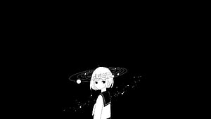 Minimalist Black and White Anime Girl with Celestial Ring and Starry Background HD wallpaper