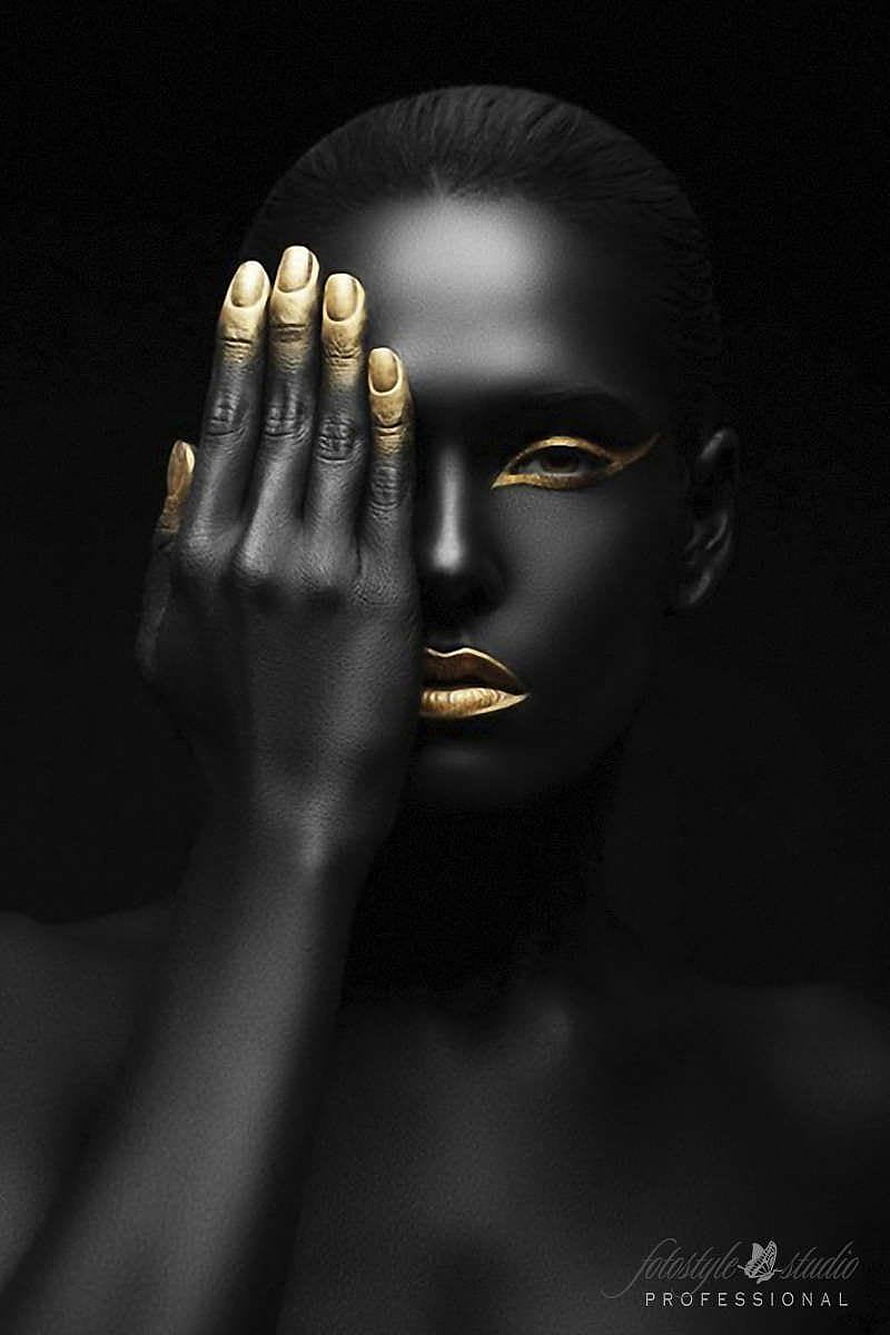 Elegant Portrait of Woman with Black Skin and Gold Makeup Covering One Eye, Fashionable girls Black and gold Mobile, golden black women HD phone wallpaper