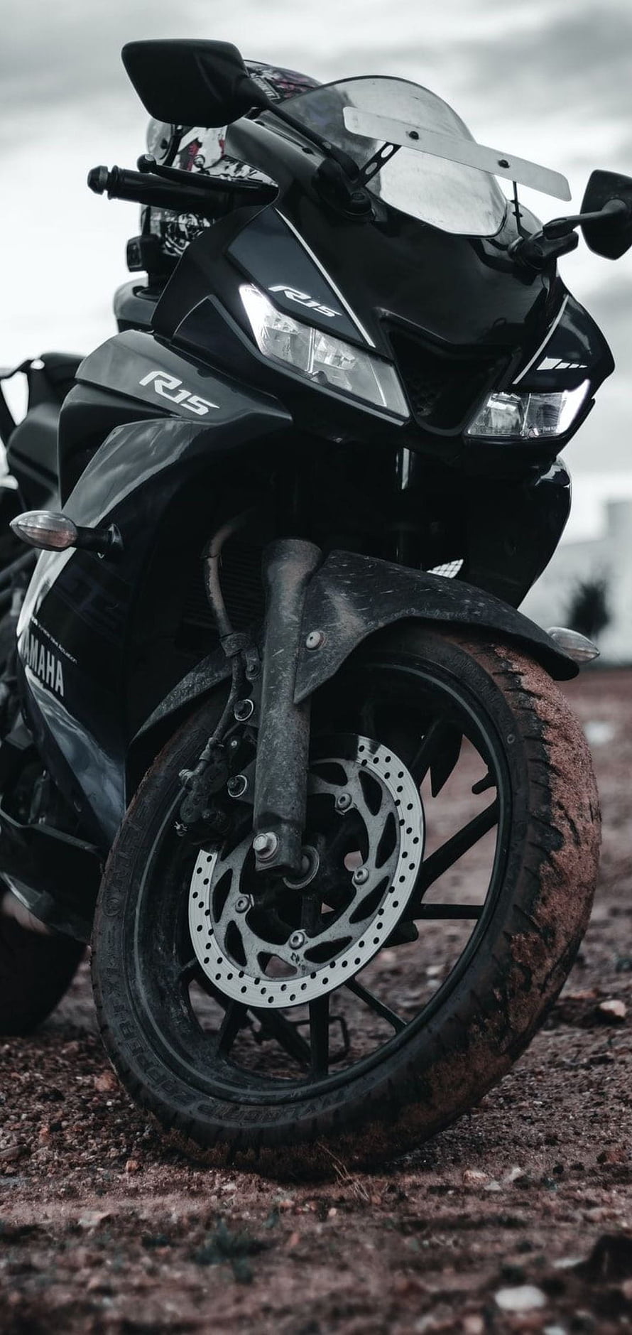 Yamaha R15 V4 Black Sport Motorcycle Front View on Gravel HD phone wallpaper