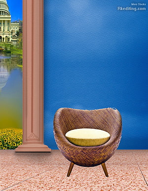 Woven rattan chair with cushion against blue wall and sunflower field view HD phone wallpaper