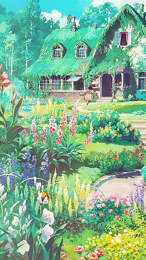Studio Ghibli Cottage Garden Scene With Mossy Roof And Colorful Wildflowers HD phone wallpaper