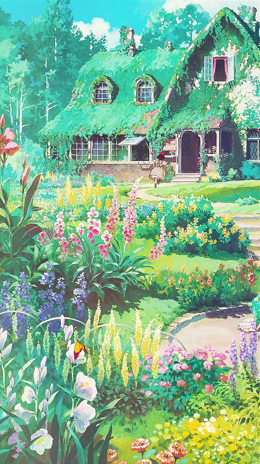 Studio Ghibli Cottage Garden Scene With Mossy Roof And Colorful Wildflowers HD phone wallpaper