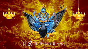 Shani Dev Riding a Crow with Trishul and Bow Against a Golden Cloudy Sky HD wallpaper