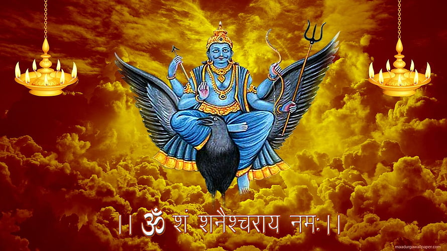 Shani Dev Riding a Crow with Trishul and Bow Against a Golden Cloudy Sky HD wallpaper