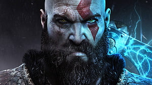 Kratos from God of War Ragnarok with glowing Leviathan Axe HD wallpaper