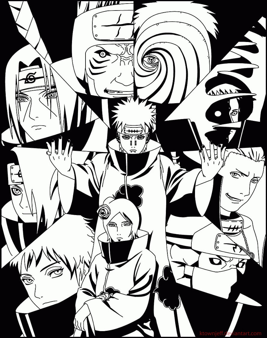 Naruto Akatsuki Members Black and White Line Art Coloring Page HD phone wallpaper