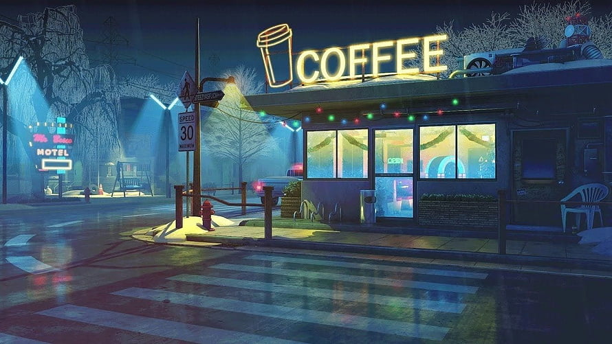Cozy Winter Night Street Scene With Glowing Coffee Shop And Neon Motel Sign HD wallpaper