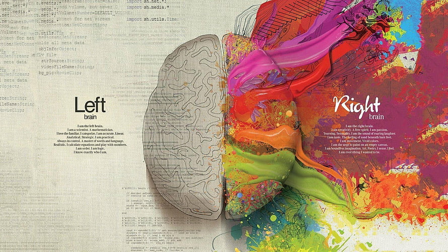 Left Brain Right Brain Concept Art with Code and Colorful Paint Splashes HD wallpaper