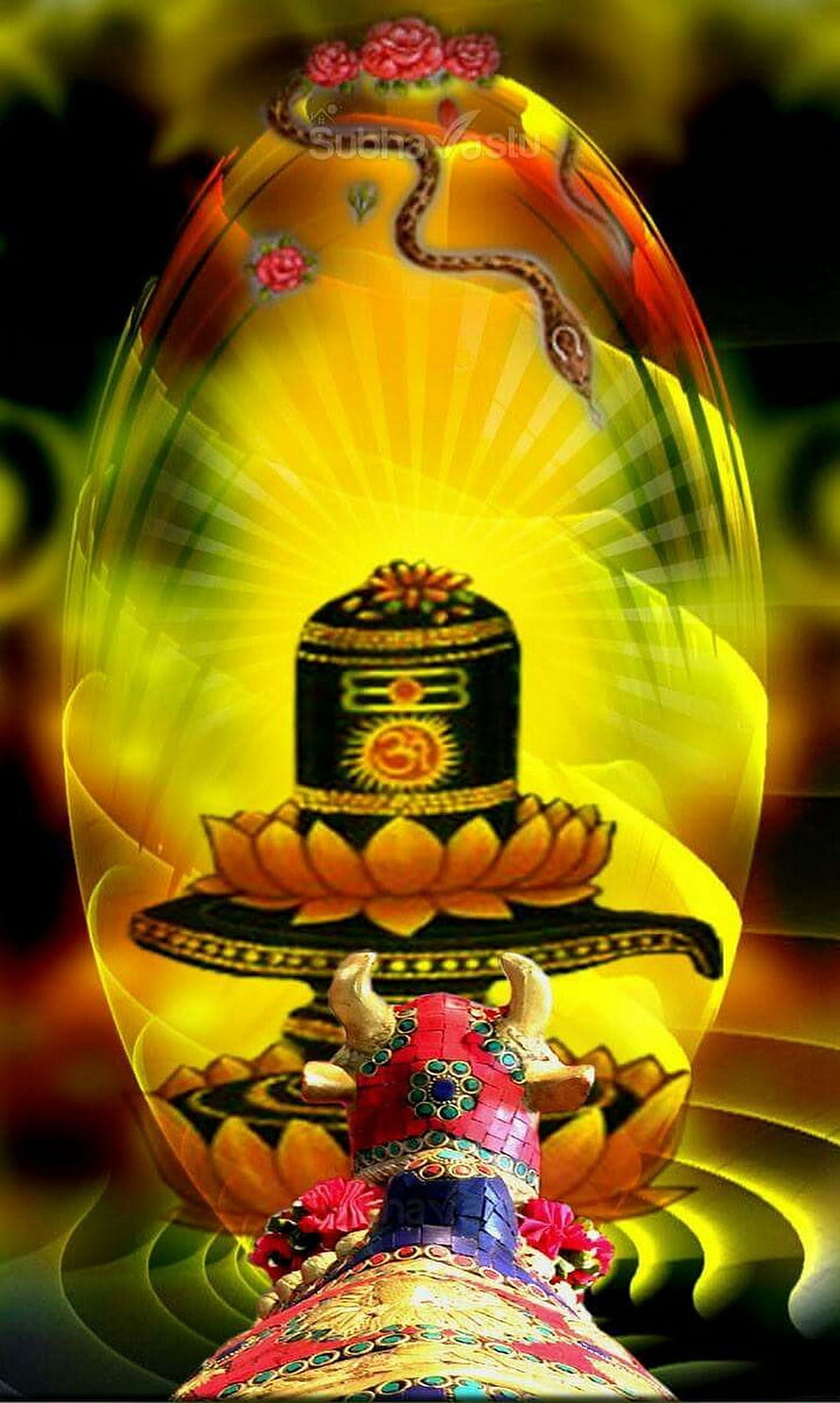 Sacred Shiva Lingam Worship with Nandi Bull and Glowing Lotus Background HD phone wallpaper