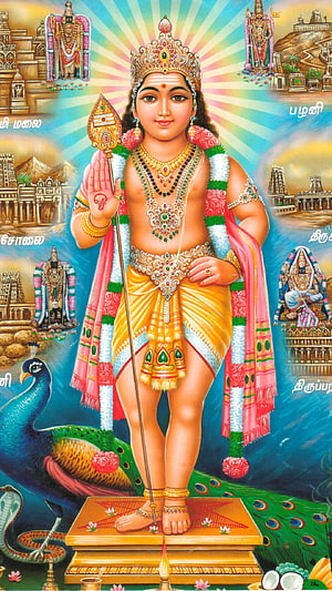 Lord Murugan Devotional Artwork with Peacock and Temple Scenes HD phone wallpaper