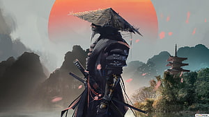 Samurai Warrior in Traditional Armor with Straw Hat Against a Red Sunset and Pagoda HD wallpaper