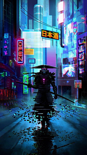 Cyberpunk Samurai Warrior in Neon City Street with Glitch Effect HD phone wallpaper