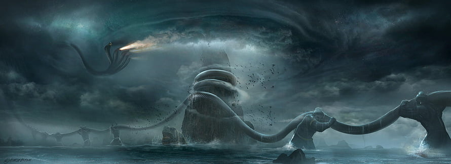 Samudra Manthan Concept Art: Cosmic Ocean Churning with Serpents and Mythical Vessels HD wallpaper