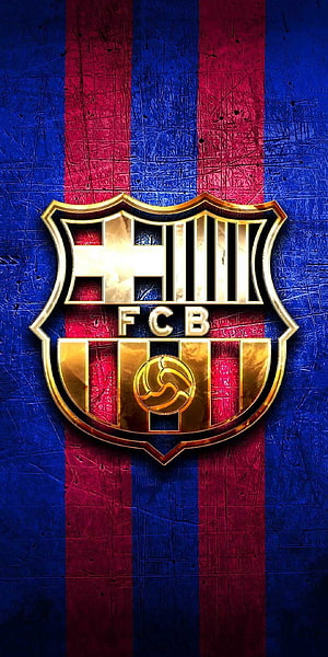 Golden FC Barcelona Crest on Blue and Red Striped Background HD phone wallpaper