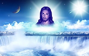 Jesus Christ in Heavenly Clouds Above Waterfall and Snowy Mountains HD wallpaper