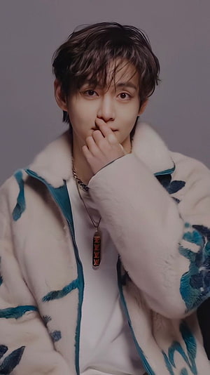 Gentle Portrait of a Young Man in a White and Blue Faux Fur Jacket, 90 Bts v ideas in 2022, bts v 2022 HD phone wallpaper