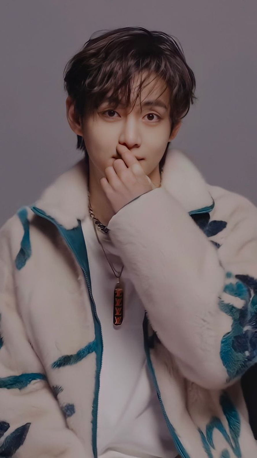 Gentle Portrait of a Young Man in a White and Blue Faux Fur Jacket, 90 Bts v ideas in 2022, bts v 2022 HD phone wallpaper