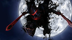 Dark armored warrior with glowing red blades leaping before a full moon HD wallpaper