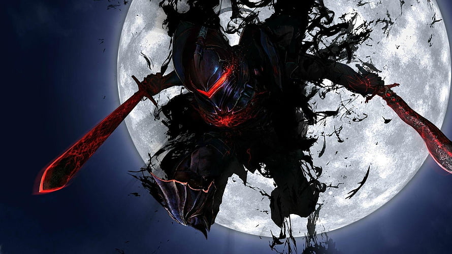 Dark armored warrior with glowing red blades leaping before a full moon HD wallpaper