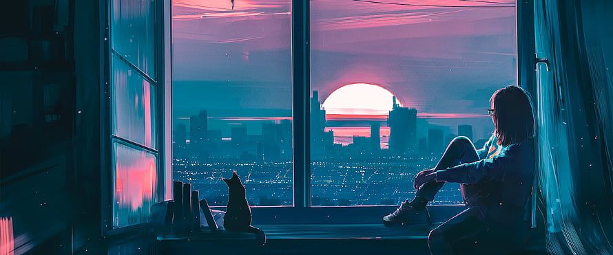 Girl and Cat Watching Sunset Over City Skyline From Window HD wallpaper