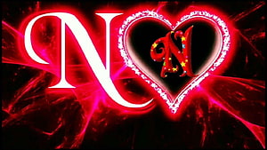 Glowing Red Letter N With Heart Design And Sparkling Stars On Dark Background HD wallpaper