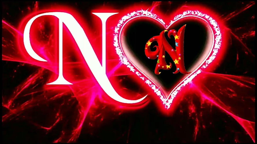 Glowing Red Letter N With Heart Design And Sparkling Stars On Dark Background HD wallpaper
