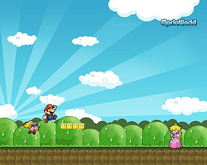 Super Mario Bros Cartoon Landscape With Mario Peach And Toad On Green Hills HD wallpaper